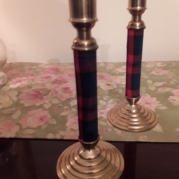 Vintage Pair of Brass Candle Sticks with Red and Green Plaid Motif - Picture 1 of 5
